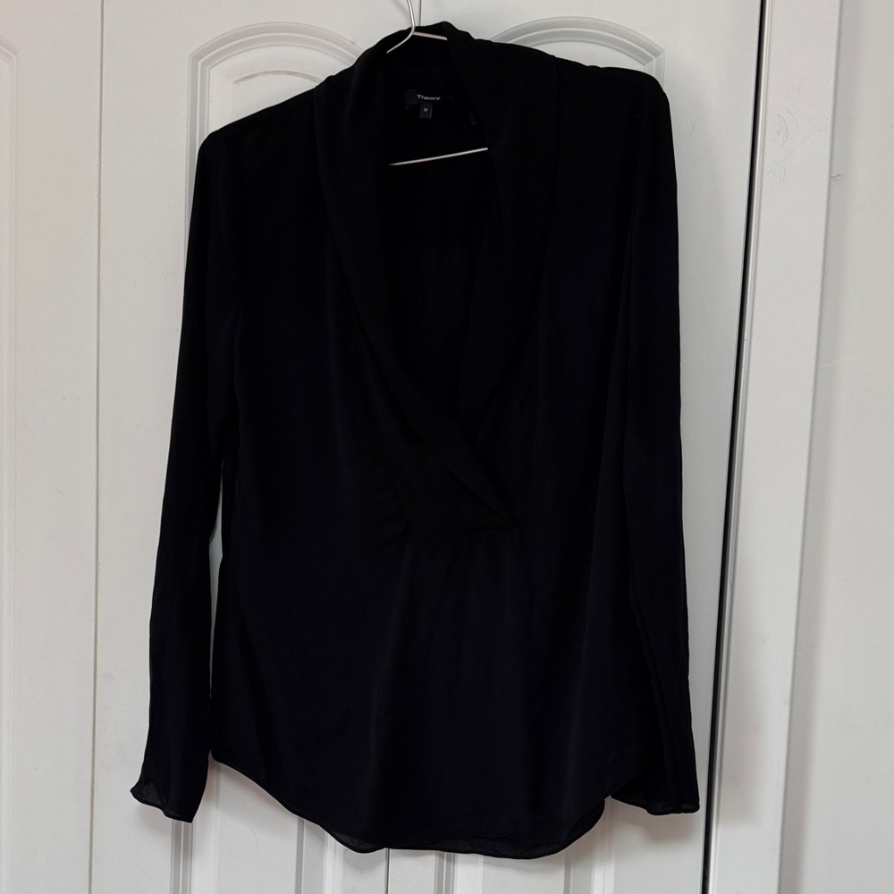 Theory Black Silk Shawl Collar blouse (discoloration on front